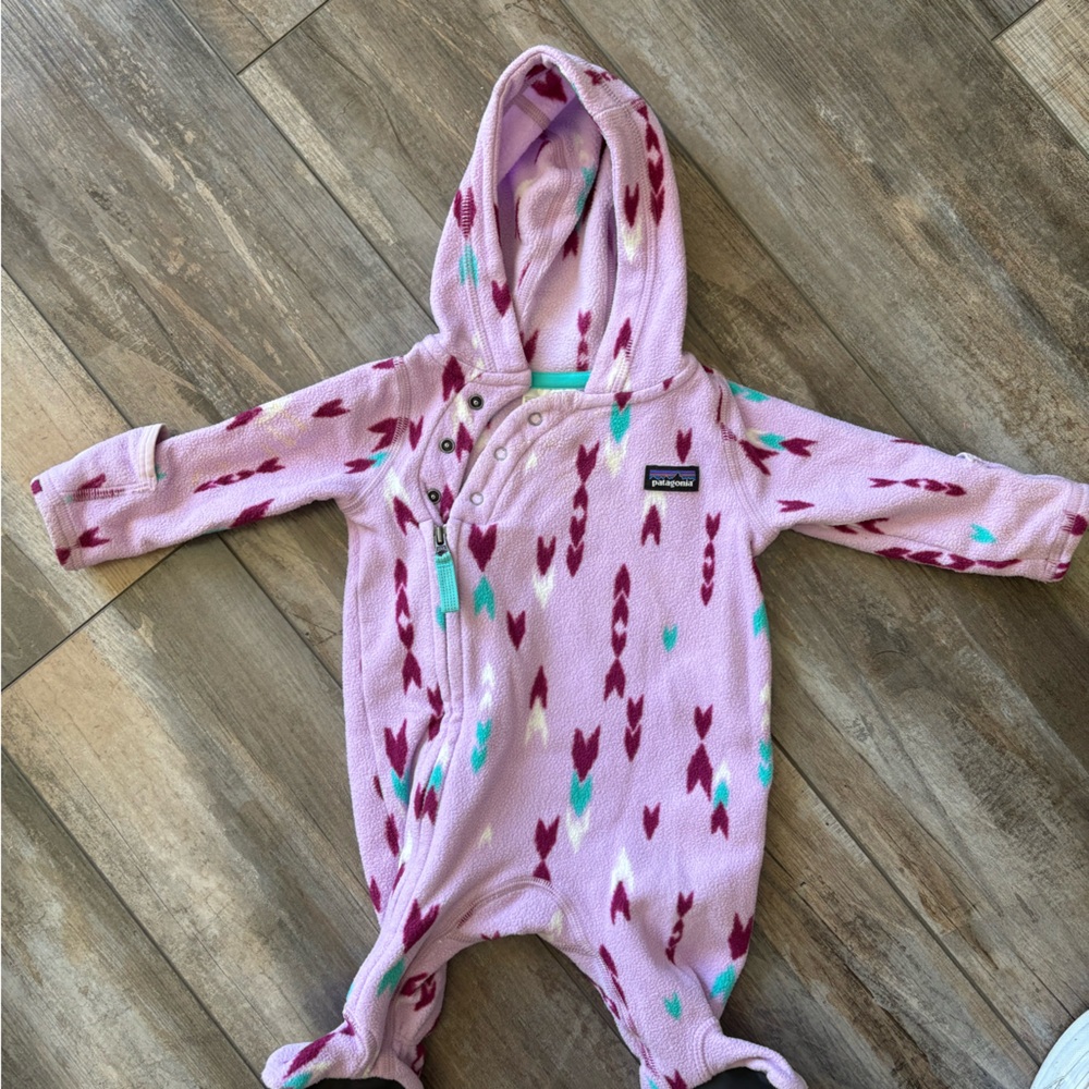 Patagonia Pink Hooded Fleece Footie with Berry and Teal Accents